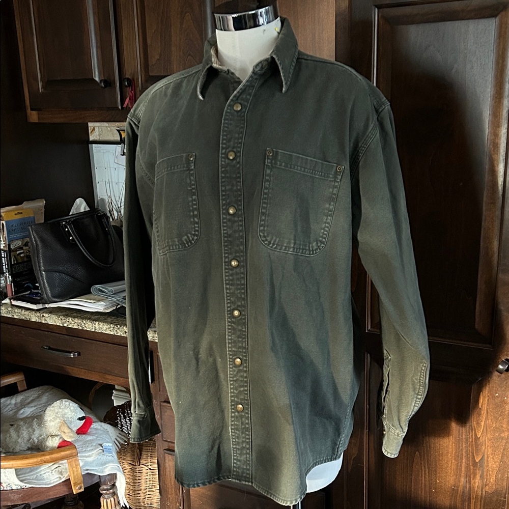 LL Bean Sz L Olive Green heavy Weight Denim Button-Up Shirt Shacket GUC
